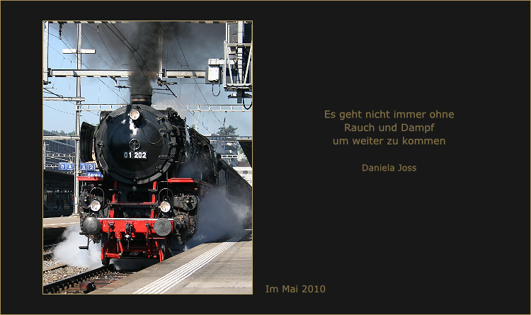 Dampflokomotive der Baureihe 01 202, steht zischend und dampfend abfahrbereit am Bahnhof.