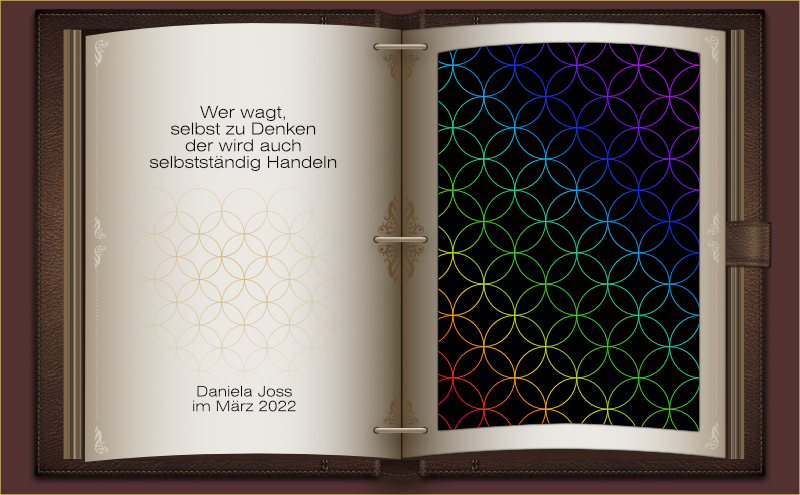 Ein aufgeschlagenes in Leder gebundenes Buch, mit der Blume des Lebens.
