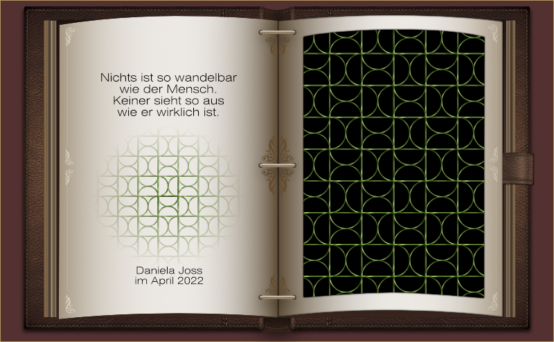 Ein aufgeschlagenes in Leder gebundenes Buch, mit einem Muster aus Halbkreisen.