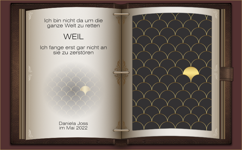 Ein aufgeschlagenes in Leder gebundenes Buch, mit einem Muster aus stilisierten Schuppen.