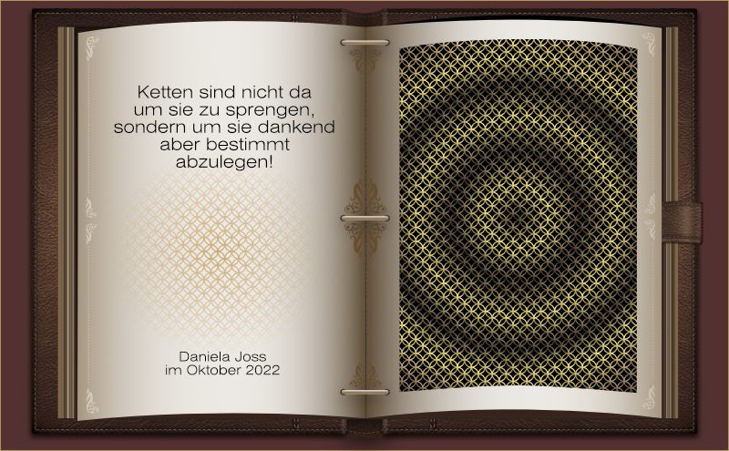 Ein aufgeschlagenes in Leder gebundenes Buch, mit einem Muster aus verschlungenem Gitterwerk.
