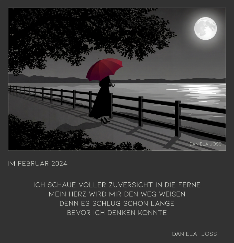 Frau mit rotem Schirm steht im Mondschein am See.