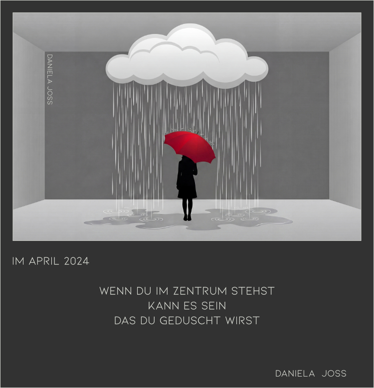 Frau mit rotem Schirm wird nass im Regenschauer.