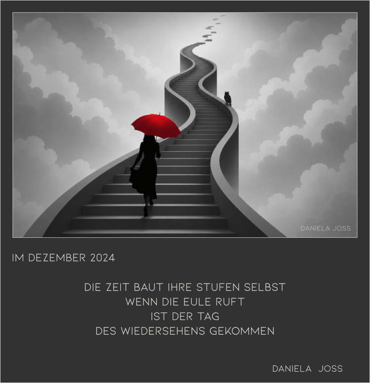 Eine lange Treppe und eine Eule, die auf die Frau mit rotem Schirm wartet.