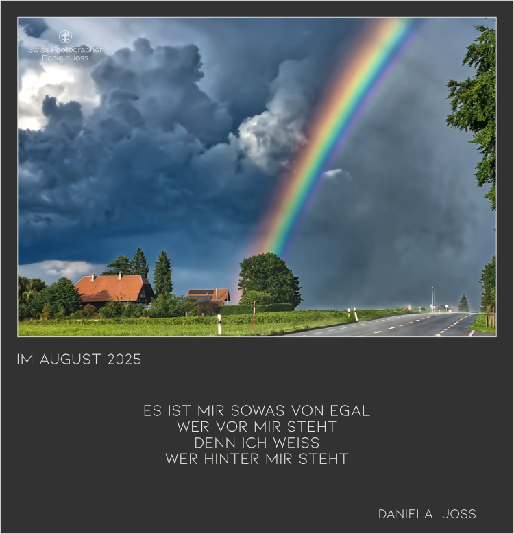 Farbenprächtiger Regenbogen vor einer dunklen Wolkenwand.