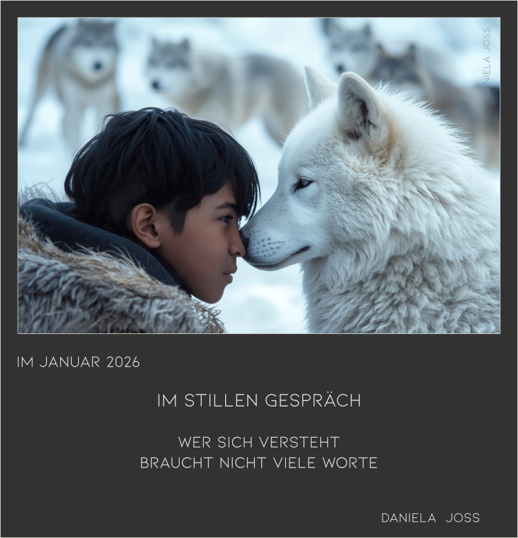 Inuitjunge und weisser Wolf.