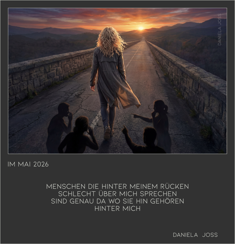 Frau geht über die Brücke dem Sonnenaufgang entgegen.