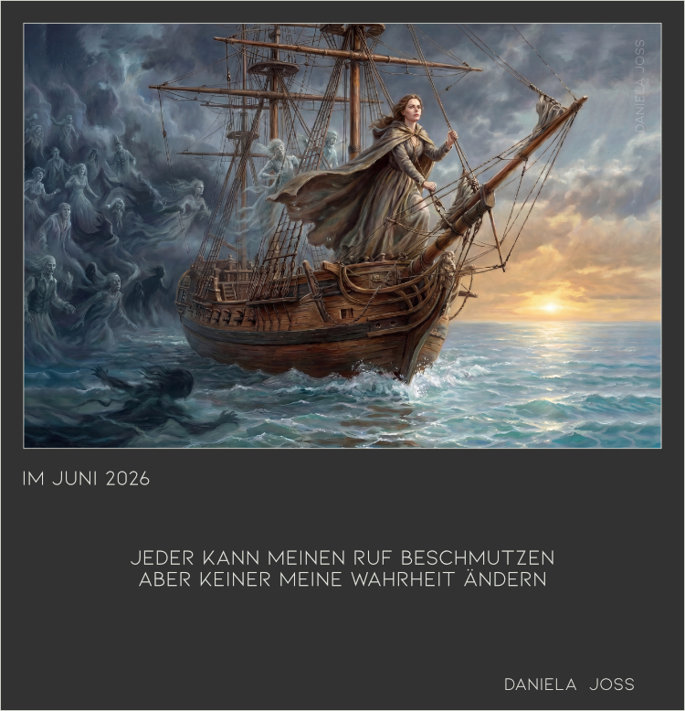 Segelschiff auf stürmischer See, verfolgt von geisterhaften Gestalten.