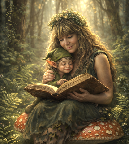 Tim sitzt auf Danielas Schoss und die Beiden schauen im Wald gemeinsam ein Buch an.