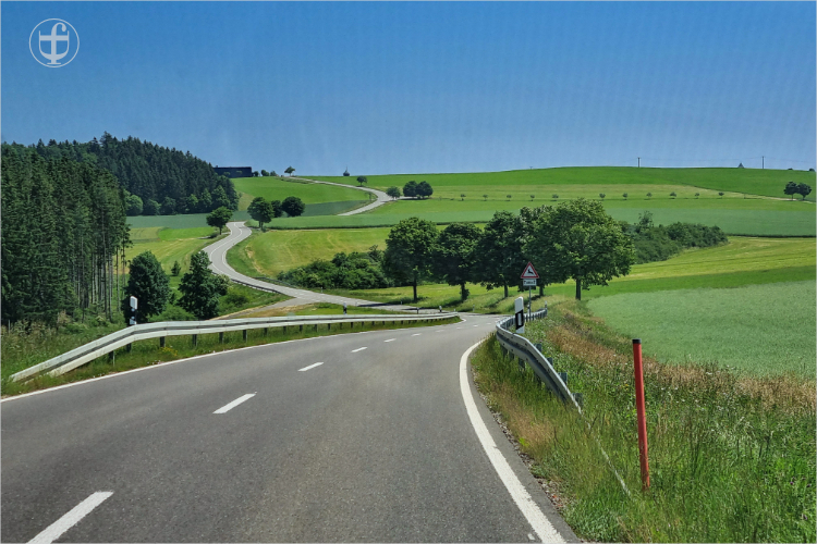 Landstrasse schlängelt sich durch Feld und Wald von Daniela Joss