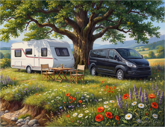 Wie alles begann – unser Wohnwagen und Van unter einem grossen Baum