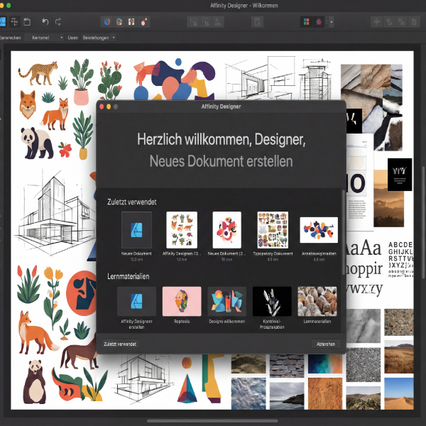 Erste Schritte Affinity Designer, Willkommensbildschirm