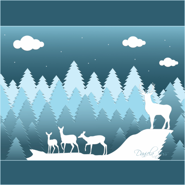 Waldlichtung im Winter mit einer Rotwild-Familie