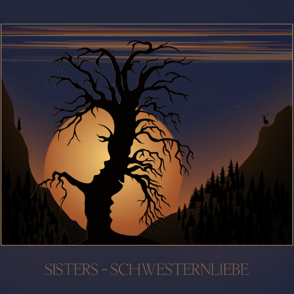 Optische Täuschung, bei der die Silhouette eines Baumes gegen den Mond die Profile zweier Frauen bildet.